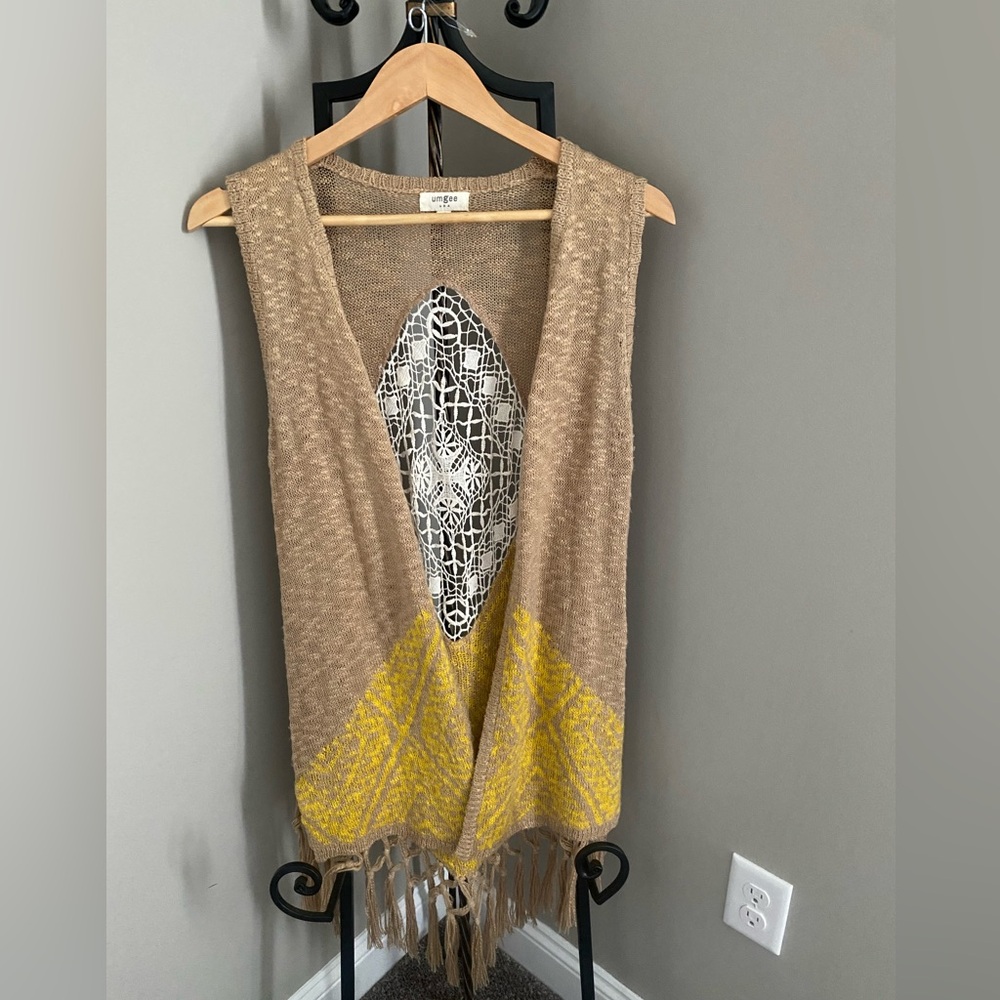 Umgee Taupe Knit Fringe Vest with Yellow Chevron Detail